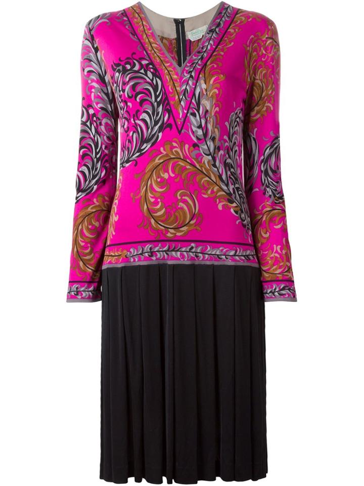 Emilio Pucci Vintage Foliage Print Pleated Dress - Pink & Purple