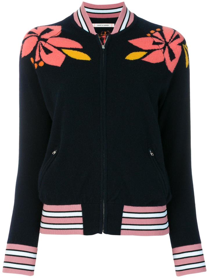 Chinti & Parker Hibiscus Intarsia Bomber Jacket - Blue