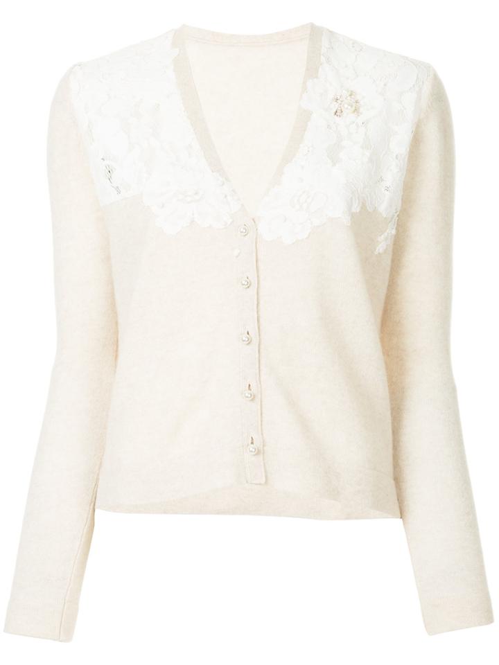 Onefifteen Floral Lace Patch V-neck Cardigan - Brown