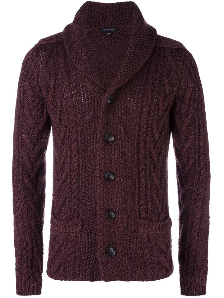 Roberto Collina Cable Knit Cardigan, Men's, Size: 46, Pink/purple, Wool
