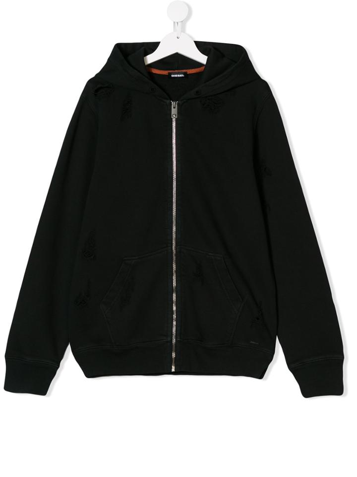 Diesel Kids Distressed Zipped Hoodie - Black