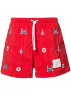Thom Browne Swim Trunk In Funmix Icon-embroidered Red Nylon