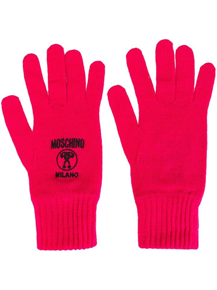 Moschino Logo Embroidered Gloves, Women's, Pink/purple, Wool