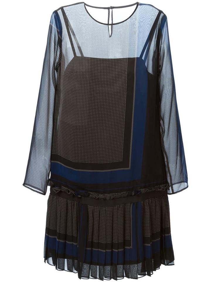 Sacai Checked Pleated Dress, Women's, Size: 3, Blue, Polyester/cupro
