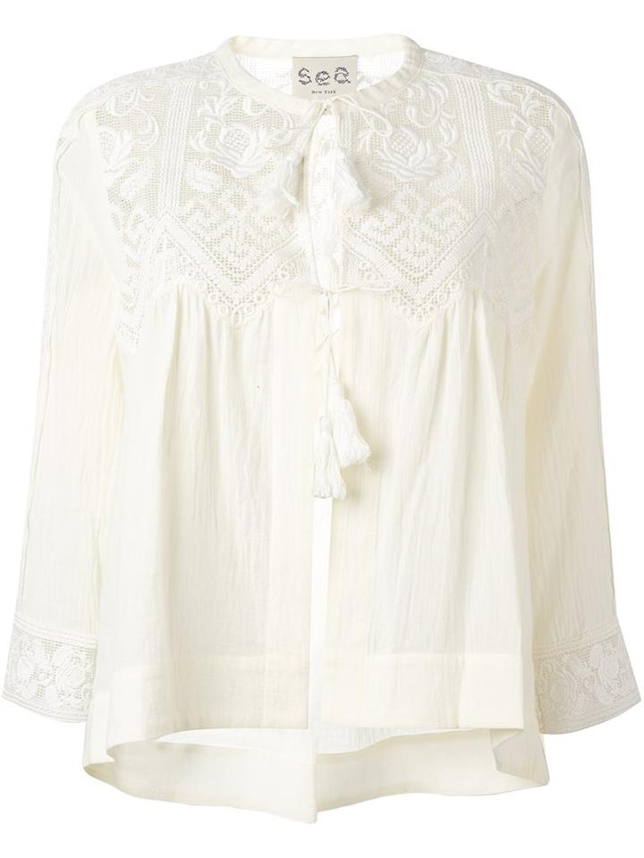 Sea Embroidered Tassel Blouse, Women's, Size: 4, Nude/neutrals, Cotton