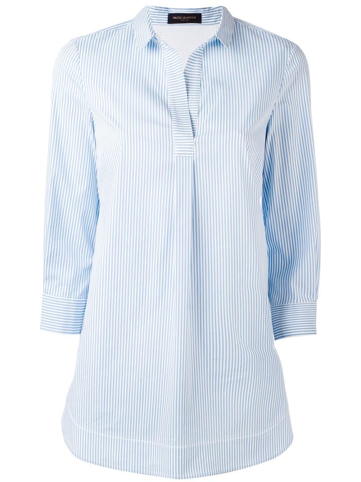 Piazza Sempione Open Neck Striped Shirt, Women's, Size: 46, Blue, Cotton/polyamide/spandex/elastane/cotton