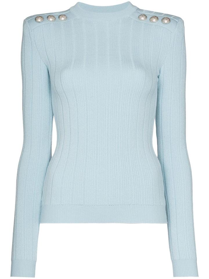 Balmain Button-embellished Ribbed Jumper - Blue