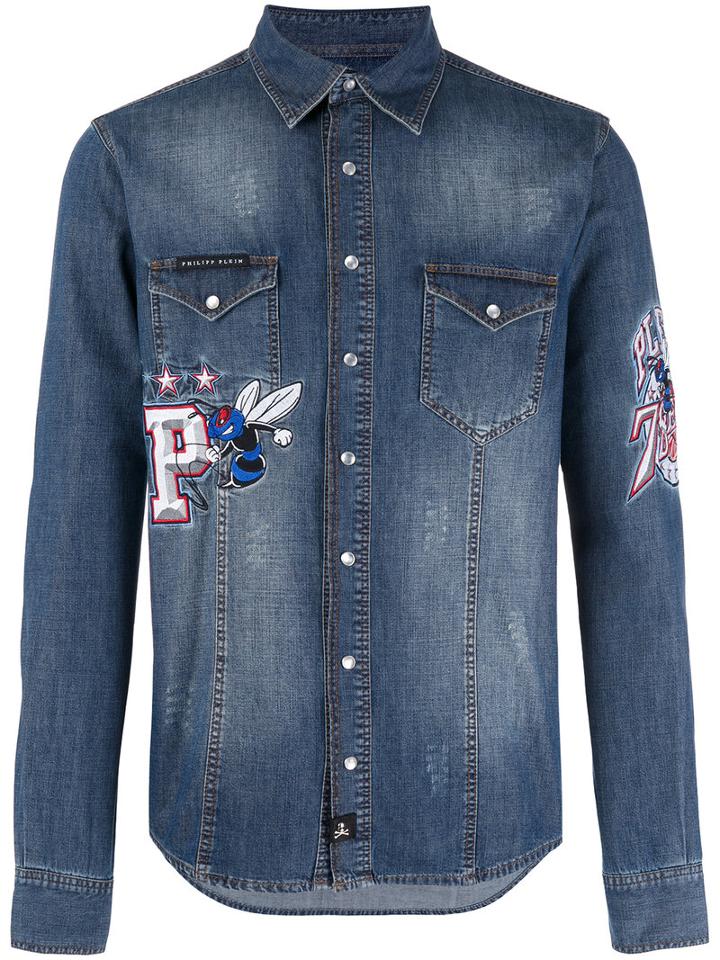Plein Sport Embellished Back Sport Shirt, Men's, Size: Xl, Blue, Cotton