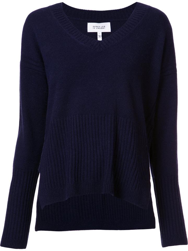 Derek Lam 10 Crosby V-neck Ribbed Detailing Jumper, Size: Medium, Black, Cashmere