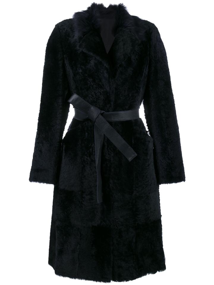 Yves Salomon Lamb Fur Belted Coat - Blue
