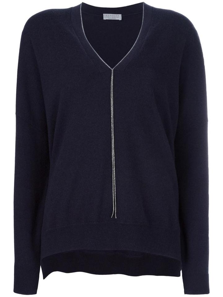 Brunello Cucinelli Glitter Detail V-neck Jumper, Women's, Size: Xxl, Blue, Cashmere