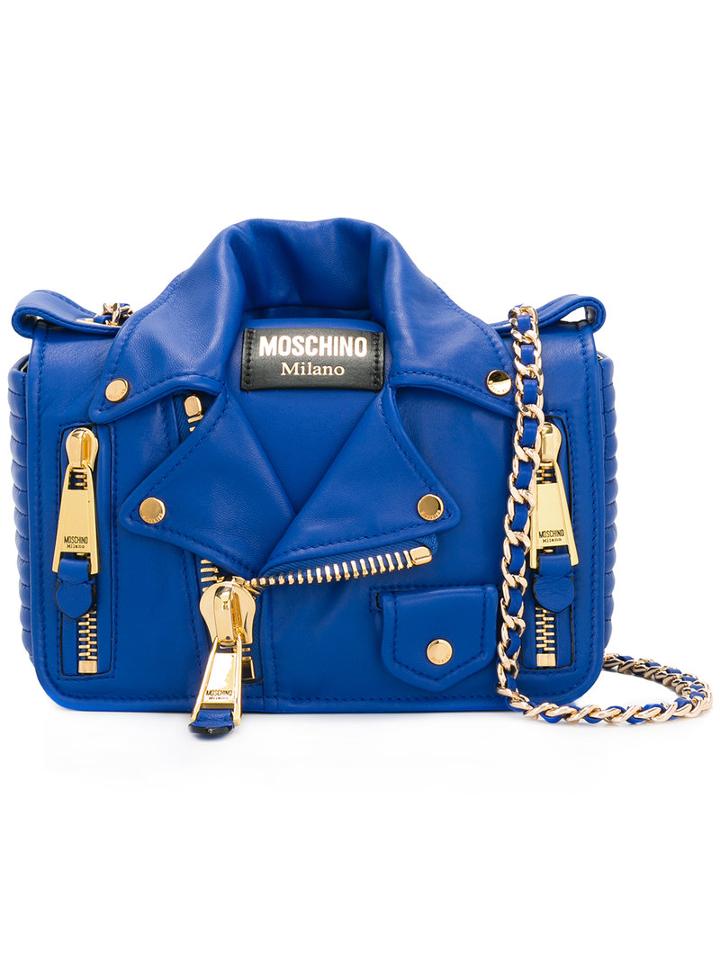 Moschino Biker Jacket Shoulder Bag, Women's, Blue, Leather