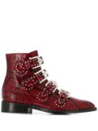 Givenchy Snakeskin Effect Buckled Ankle Boots - Red