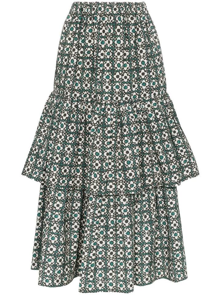 Golden Goose Miranda Floral Check Tiered Midi Skirt - Green