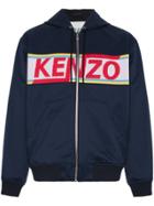 Kenzo Logo Panelled Cotton Zip-up Hoodie - Blue
