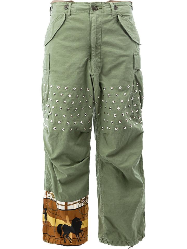 Junya Watanabe Comme Des Garçons Studded Flared Trousers, Women's, Size: Medium, Green, Cotton/polyester/polyurethane