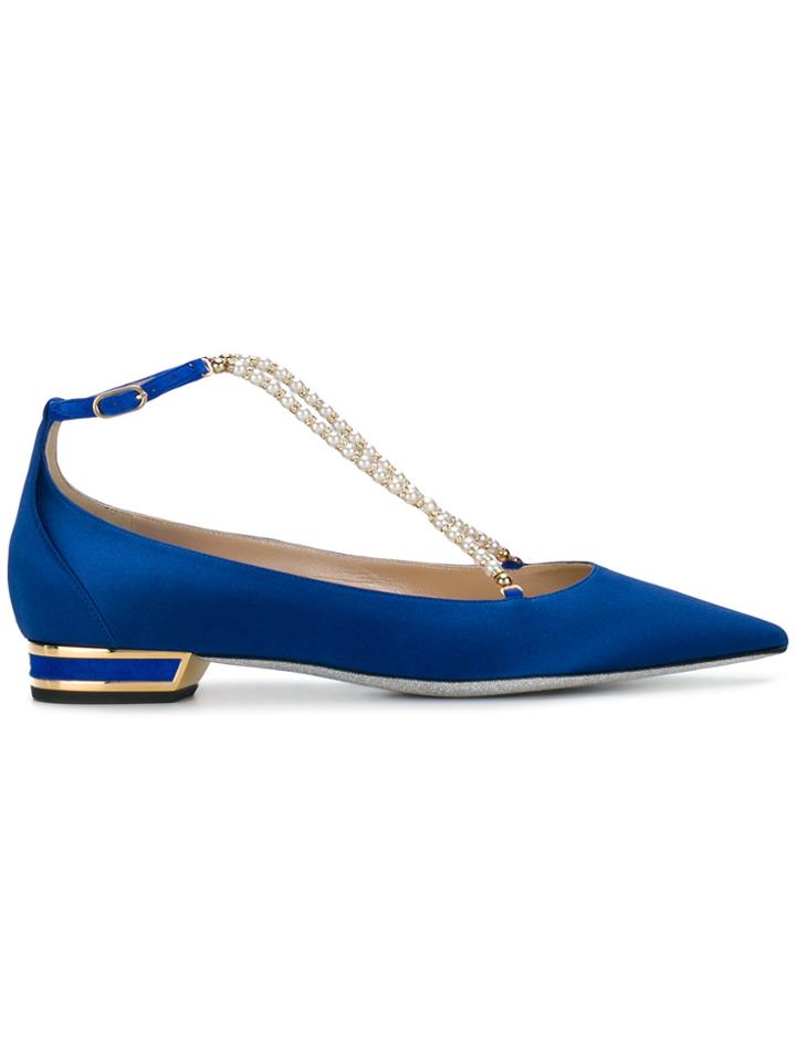 René Caovilla Pearl Strap Ballerina Flats - Blue