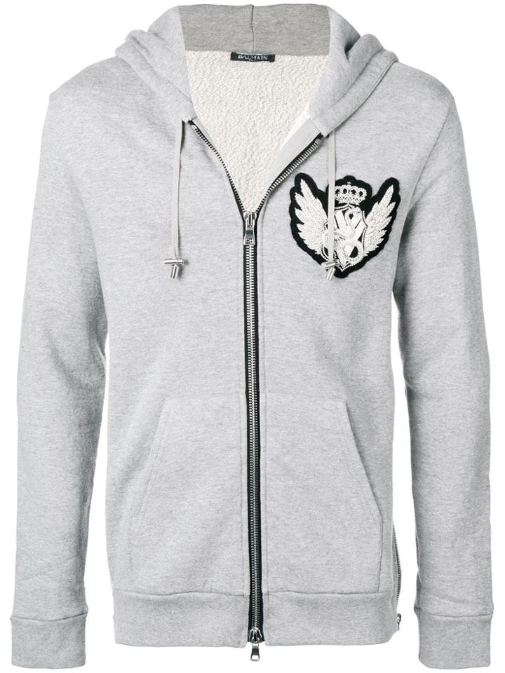 Balmain Logo Zipped Hoodie - Grey