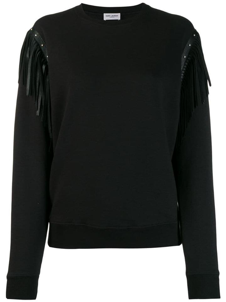 Saint Laurent Leather Fringing Cotton Sweatshirt - Black