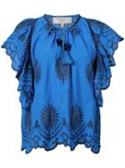 Sea Floral Embroidered Frill Trim Blouse - Blue