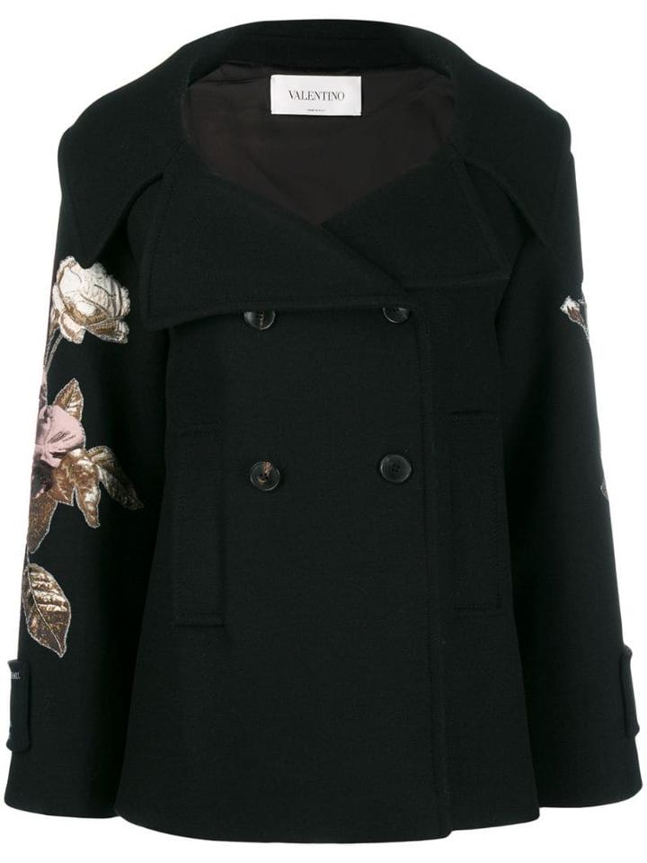 Valentino Floral Embroidered Patch Sleeve Coat - Black