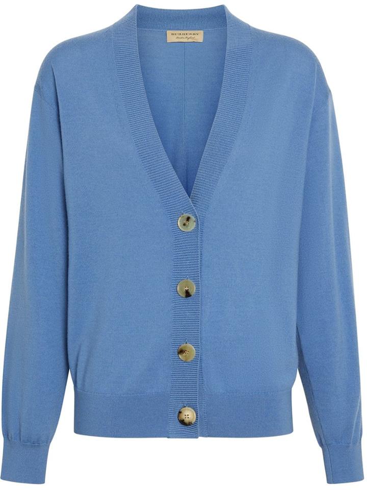 Burberry Logo Detail Merino Wool Cardigan - Blue