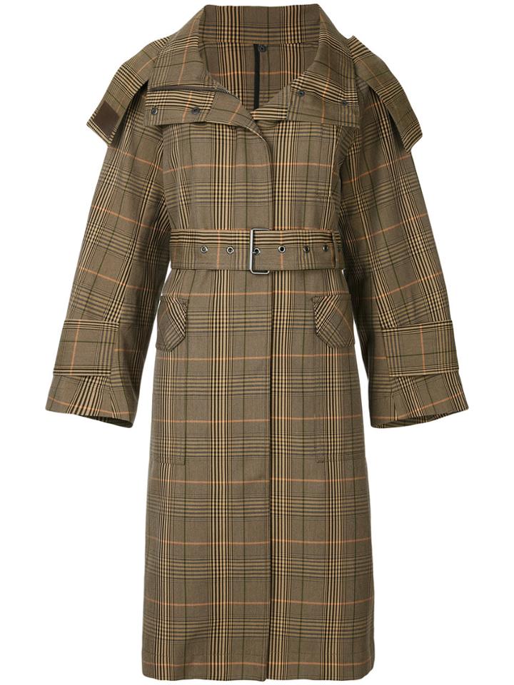 Estnation Hooded Plaid Coat - Brown