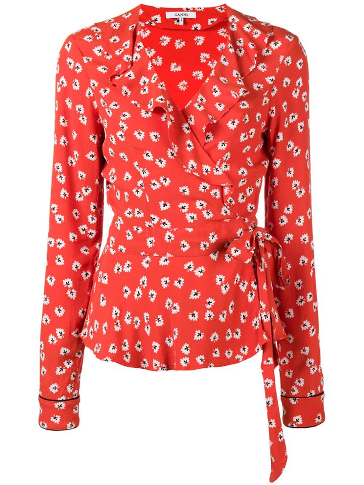 Ganni Printed Wrap Blouse - Red