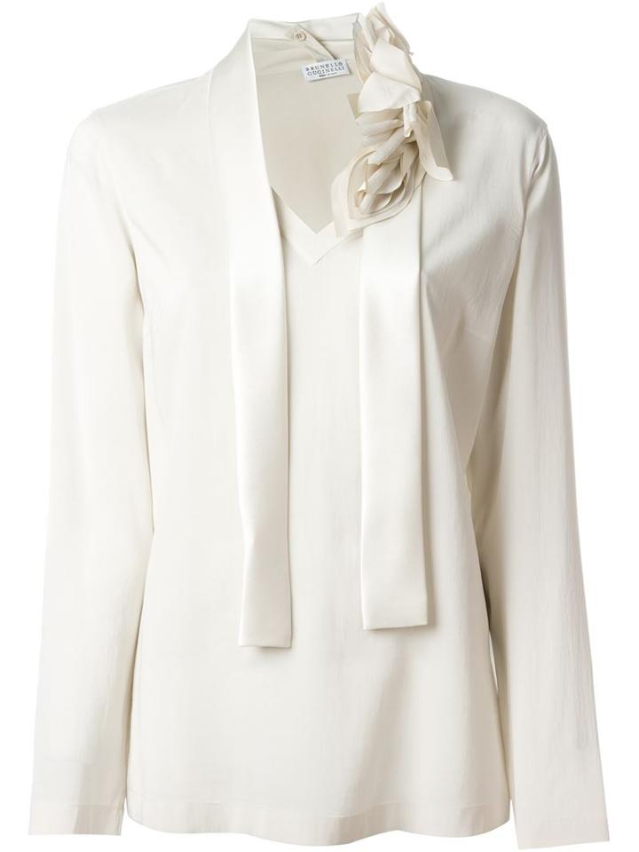 Brunello Cucinelli Floral Tie Collar V Neck Blouse