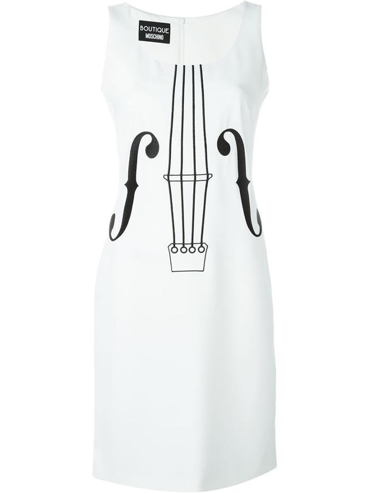 Boutique Moschino Cello Print Fitted Dress, Women's, Size: 44, White, Polyester/spandex/elastane