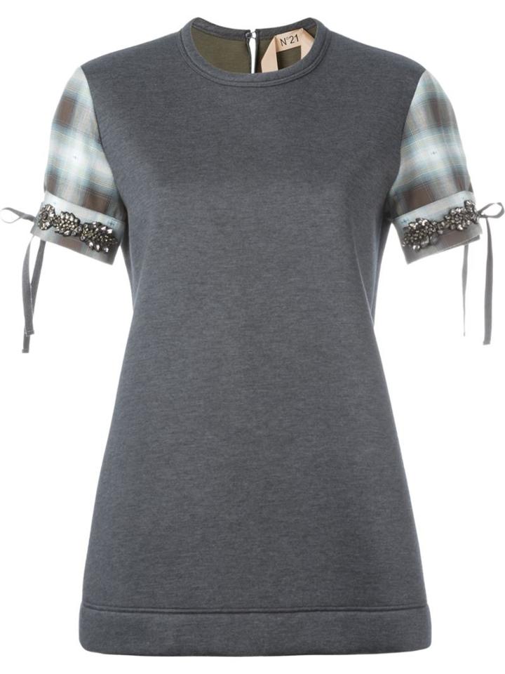 No21 Embellished Sleeve T-shirt, Women's, Size: 42, Grey, Viscose/cotton