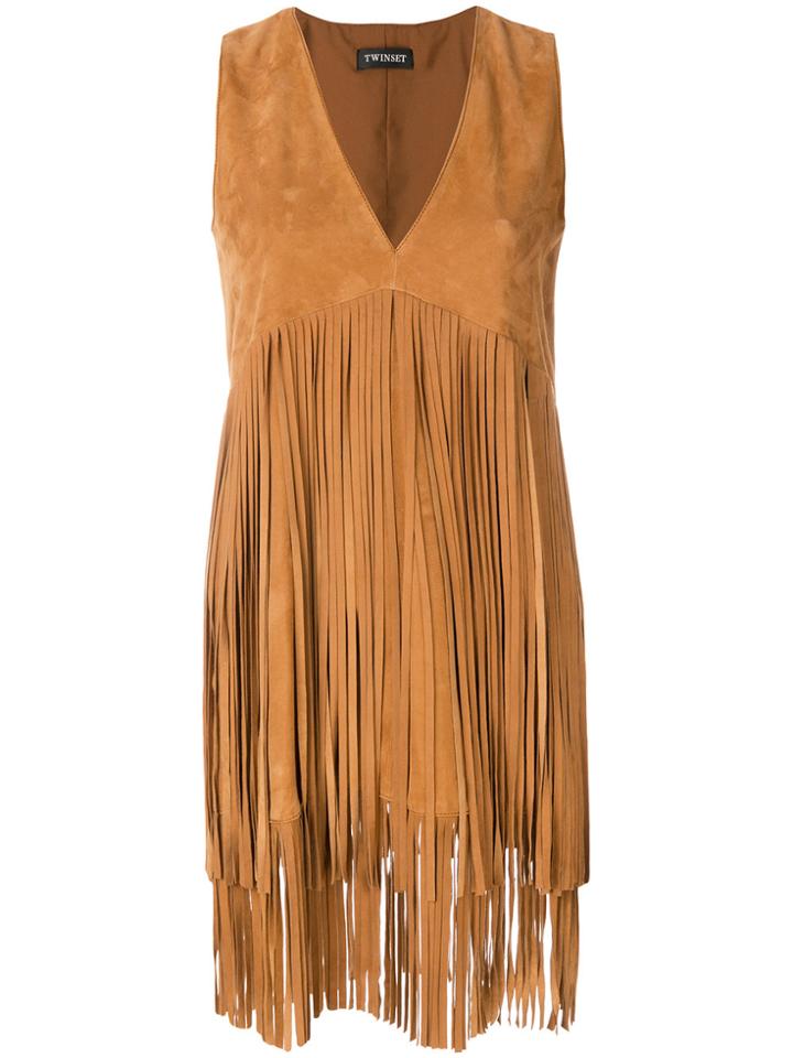 Twin-set V-neck Fringe Dress - Brown