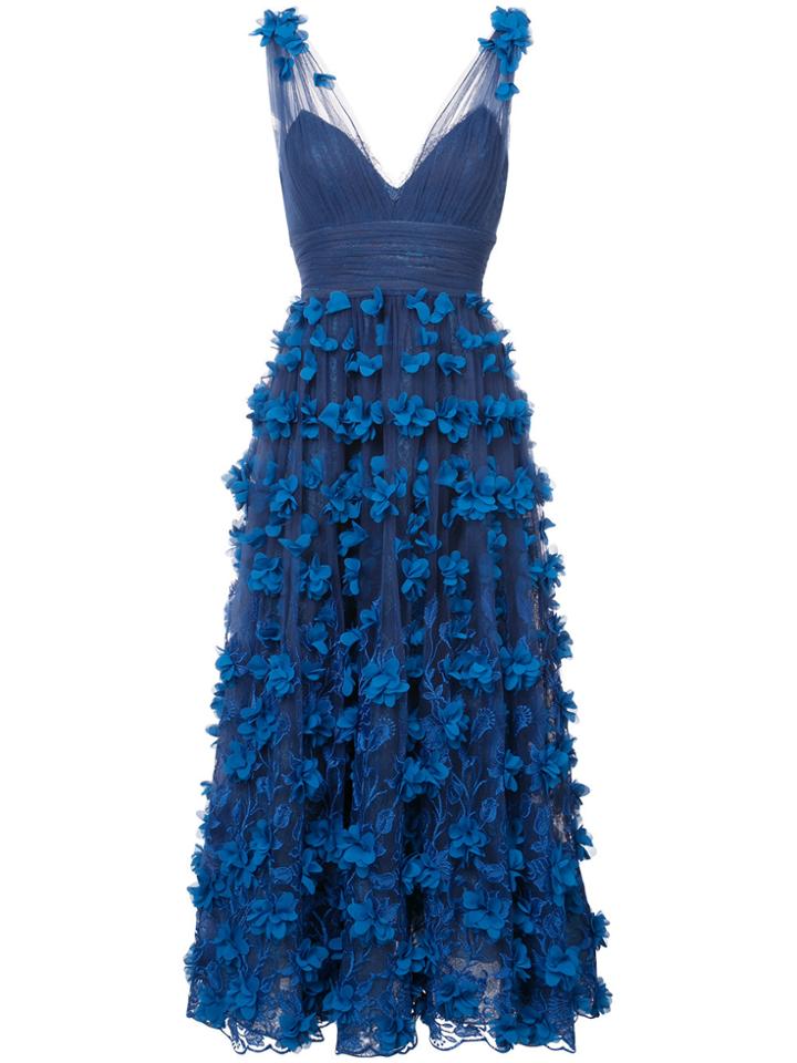 Marchesa Notte Embroidered Floral-appliquéd Gown - Blue