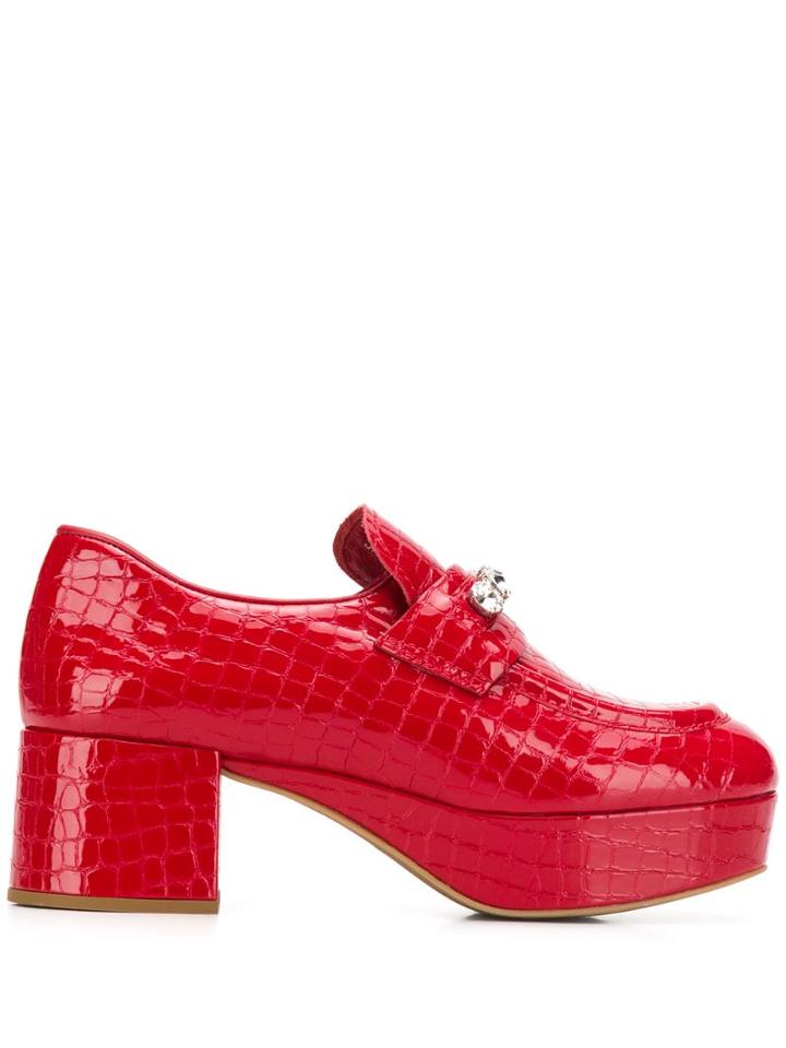 Miu Miu Crystal Embellished Patent Leather Loafers - Red