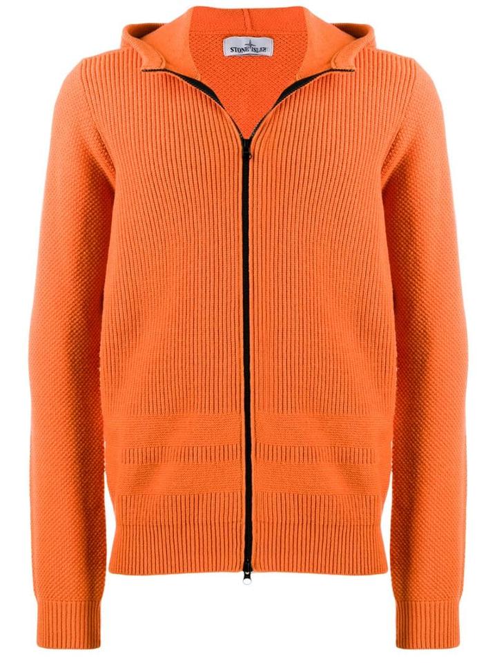 Stone Island Ribbed Zip-up Hoodie - Orange