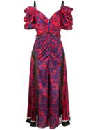 Self-portrait Printed Pleated Cold Shoulder Dress - Red