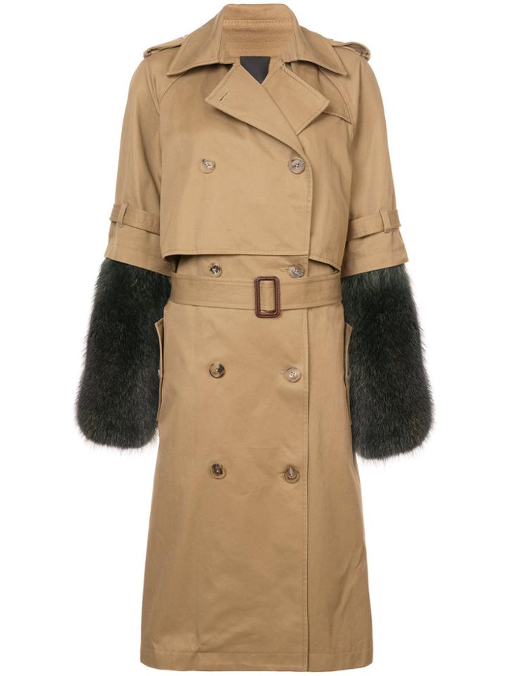 Vera Wang Detachable Fur Sleeve Trench Coat - Brown