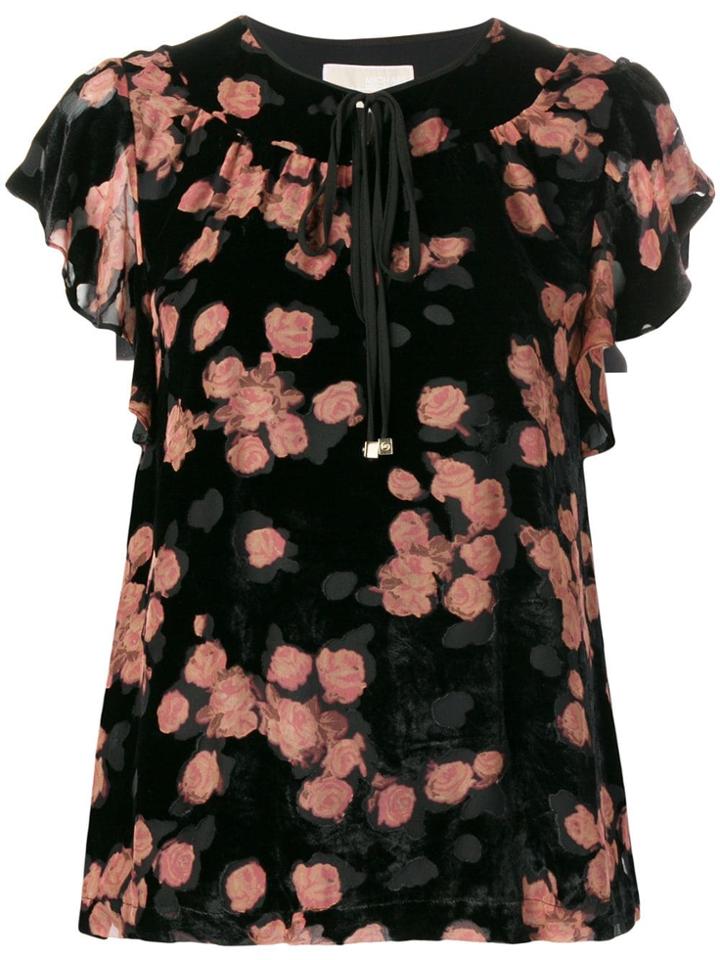 Michael Michael Kors Rose Print Tie Neck T-shirt - Black