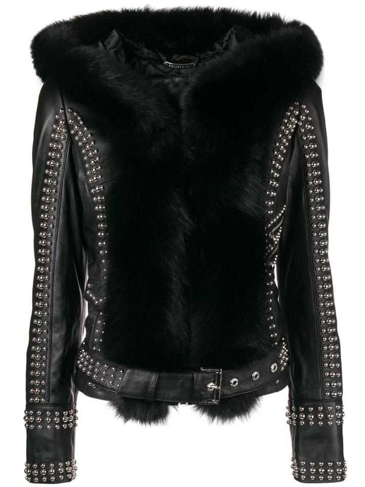 Philipp Plein Fur-trimmed Studded Biker Jacket - Black