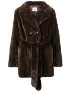 Stand Faux Fur Belted Coat - Brown