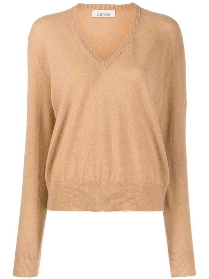 Laneus V-neck Fine Knit Top - Brown