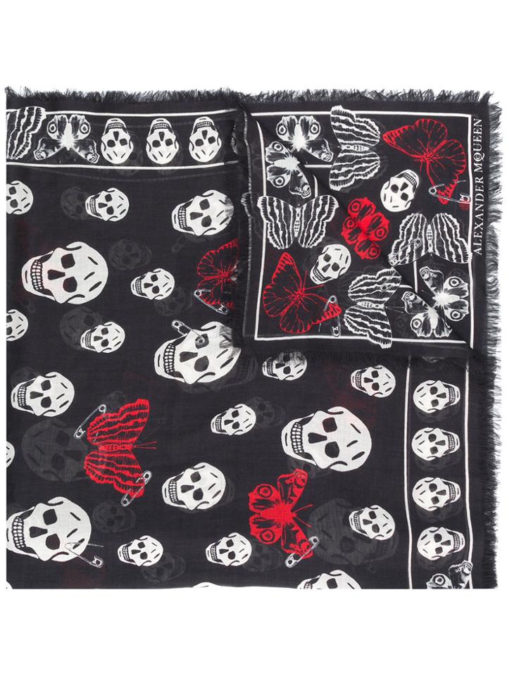 Alexander Mcqueen Butterfly And Skull Print Scarf - Black