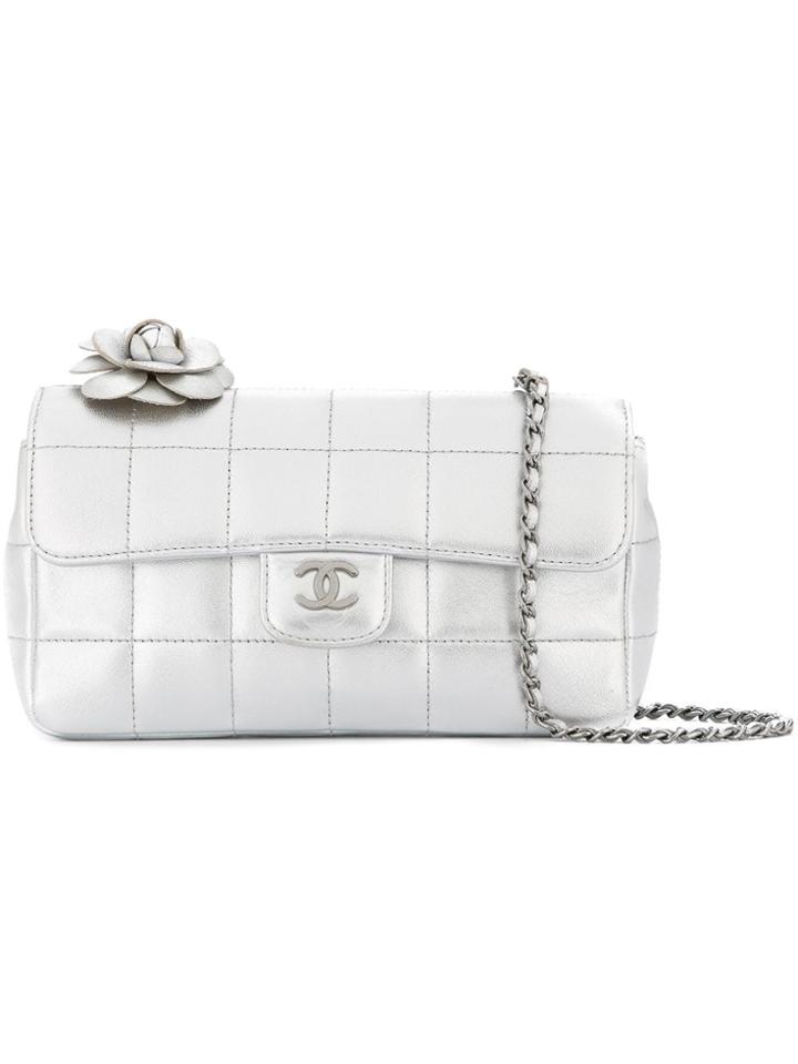 Chanel Vintage Camellia Choco Bar Chain Shoulder Bag - Silver