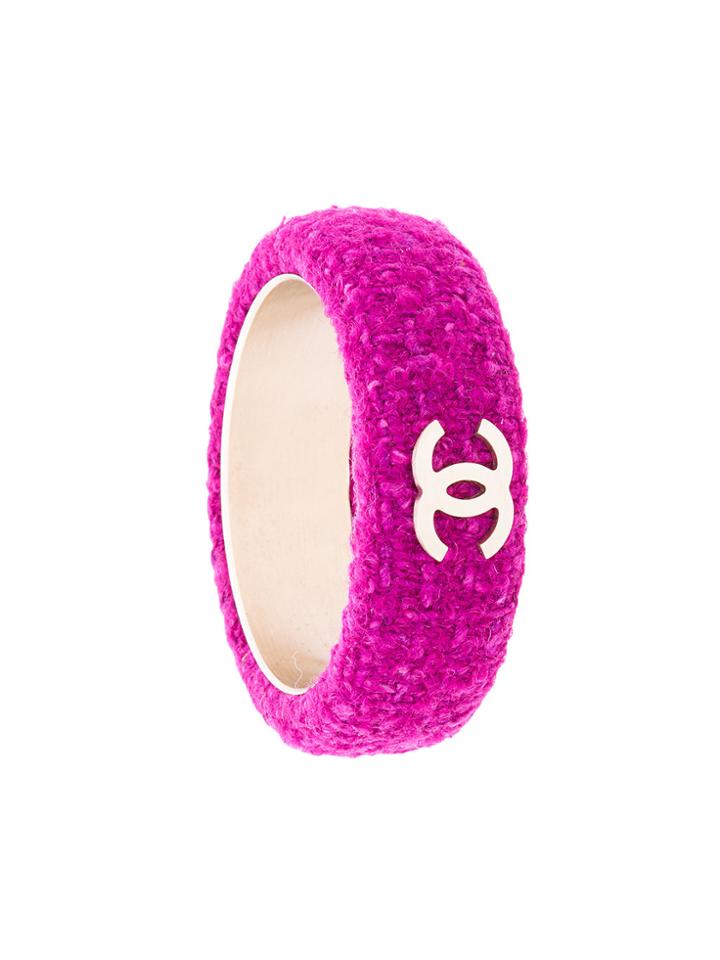 Chanel Vintage Cc Logo Tweed Bangle - Pink & Purple