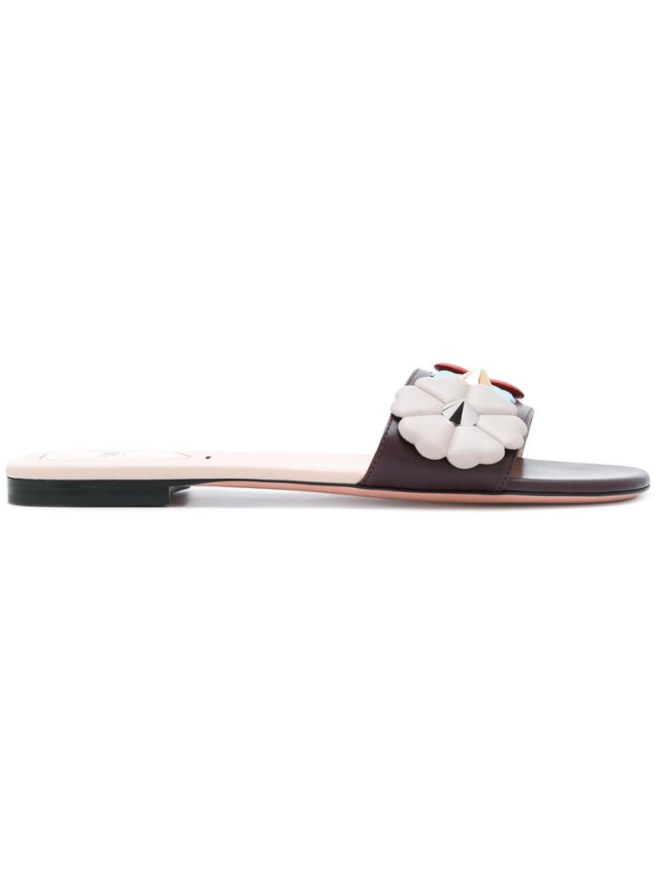 Fendi Floral Appliqué Slides - Red