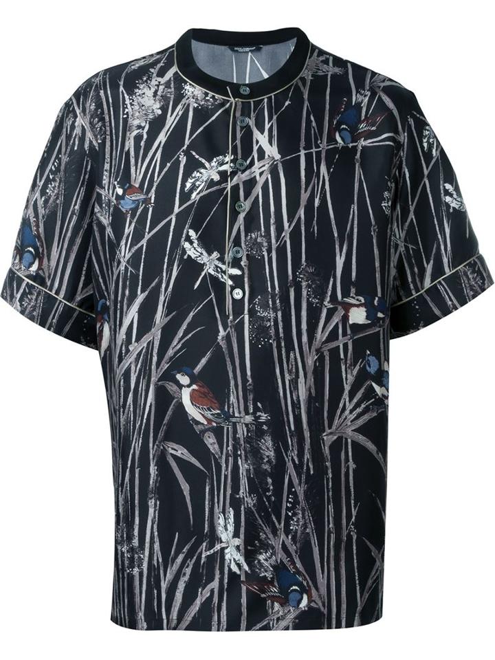 Dolce & Gabbana Bird Print Henley T-shirt, Men's, Size: 52, Black, Silk