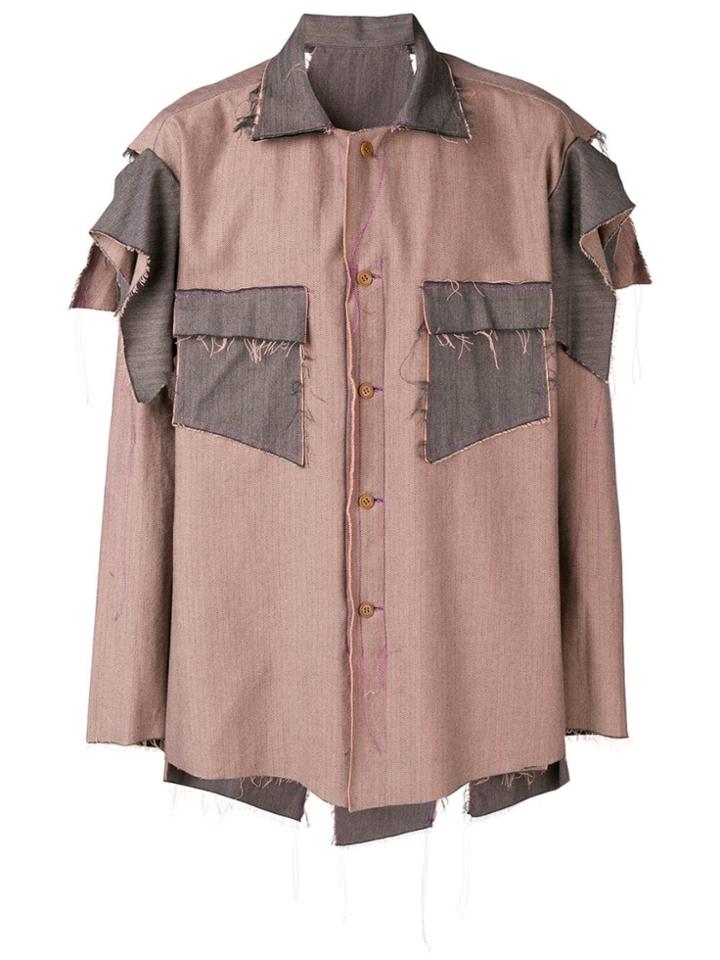Sulvam Contrast Panel Distressed Shirt - Grey