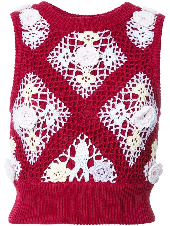 Mikio Sakabe Floral Embroidered Knitted Top, Women's, Size: Medium, Red, Cotton