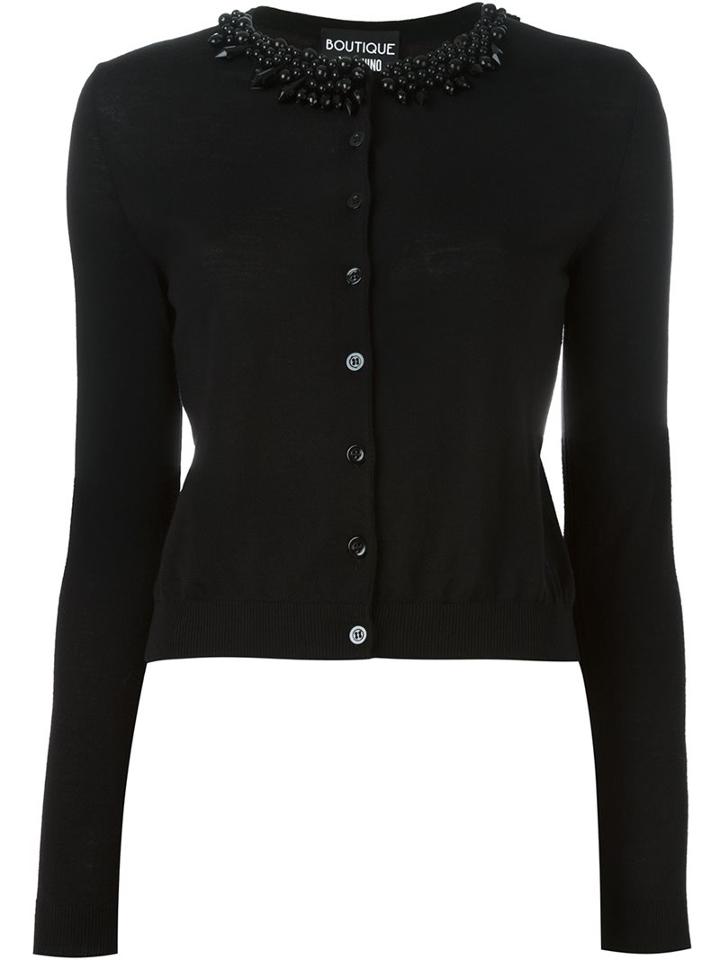 Boutique Moschino Embellished Neckline Cardigan, Women's, Size: 42, Black, Virgin Wool