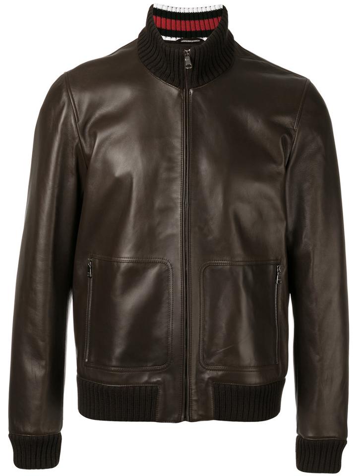 Gucci Leather Bomber Jacket, Size: 48, Brown, Lamb Skin/polyamide/spandex/elastane/wool
